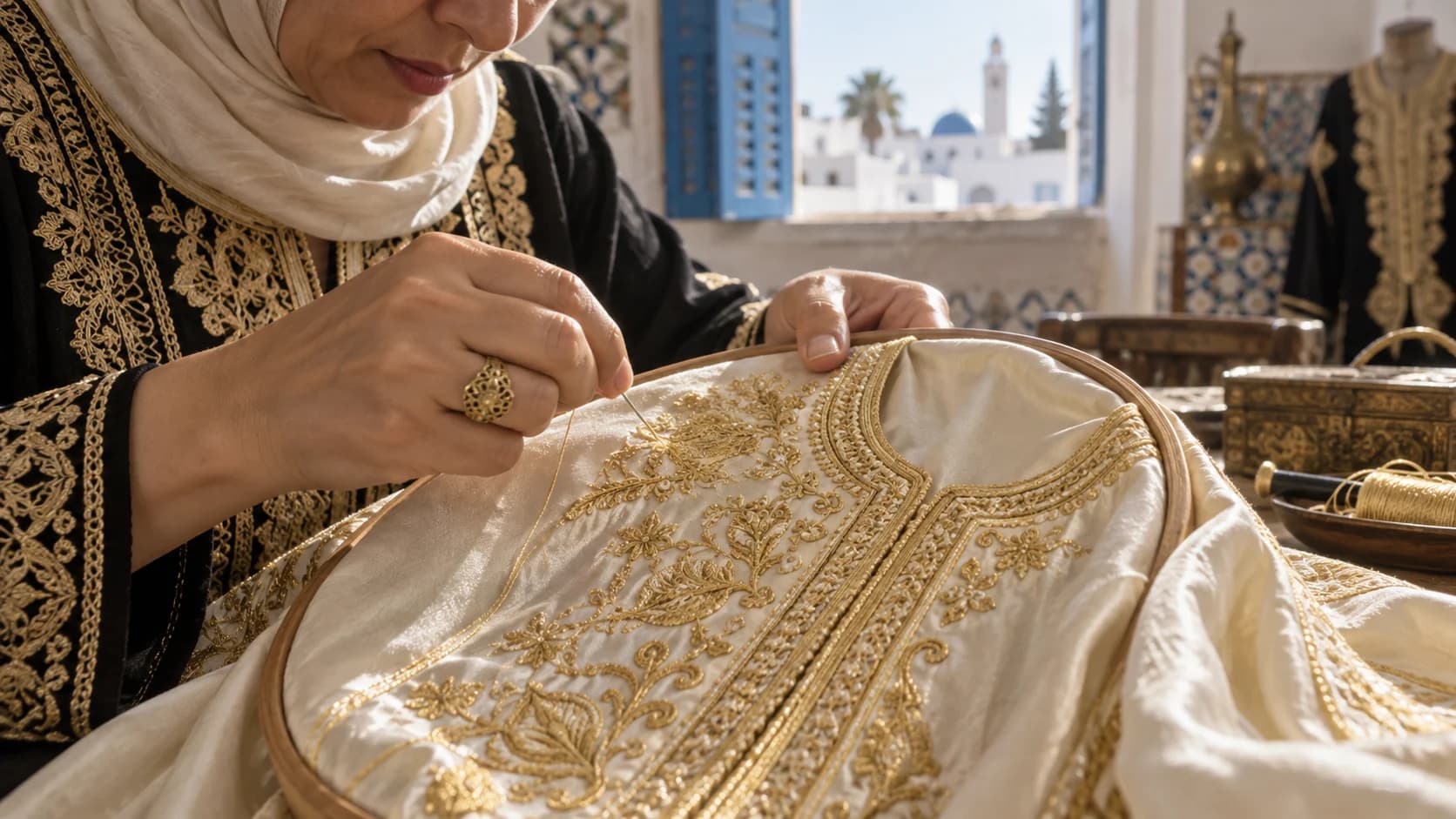 Mains d’une artisane brodant une blouza tunisienne au fil d’or