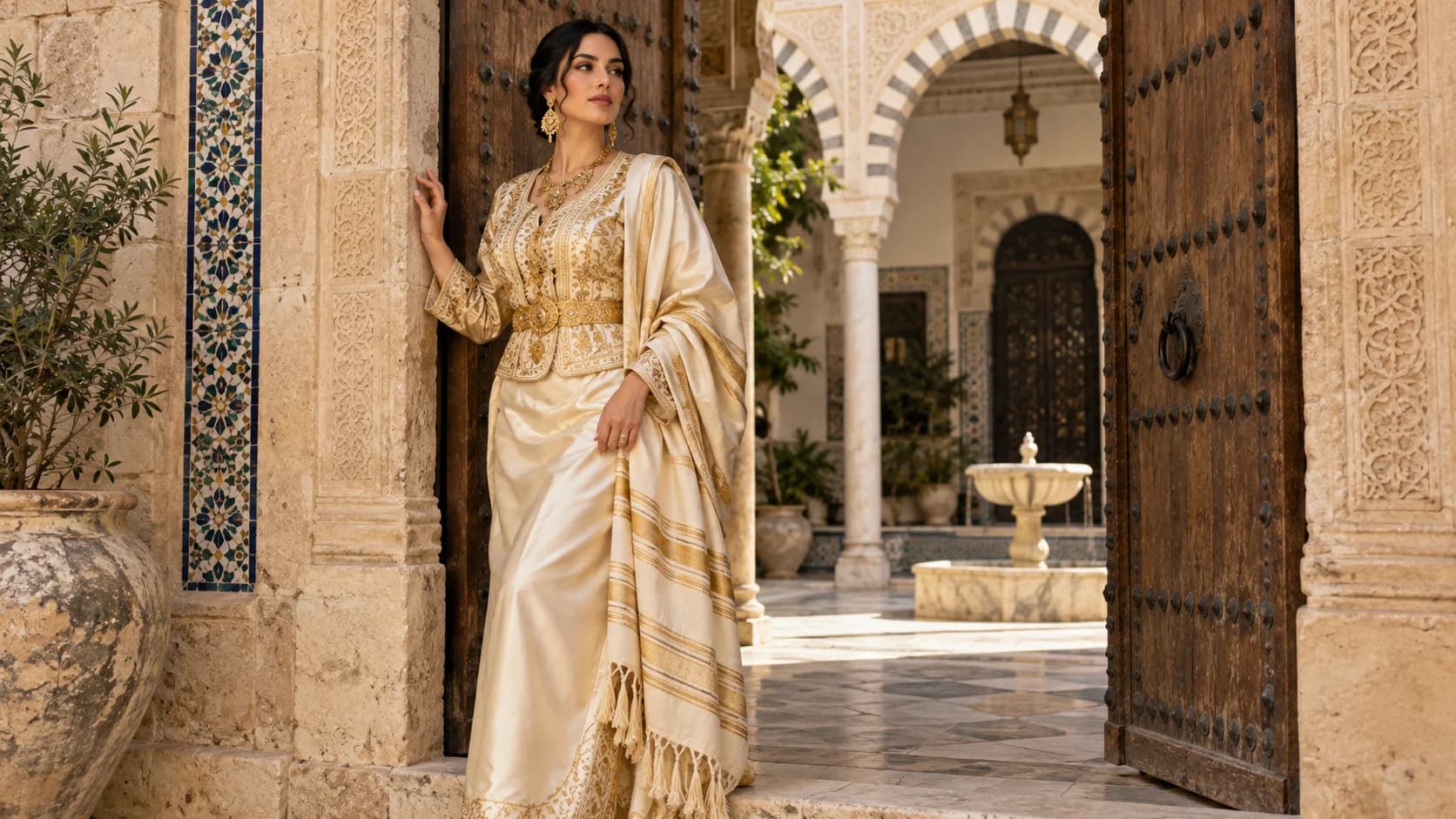 Femme en ensemble cérémoniel tunisien ivoire brodé d’or