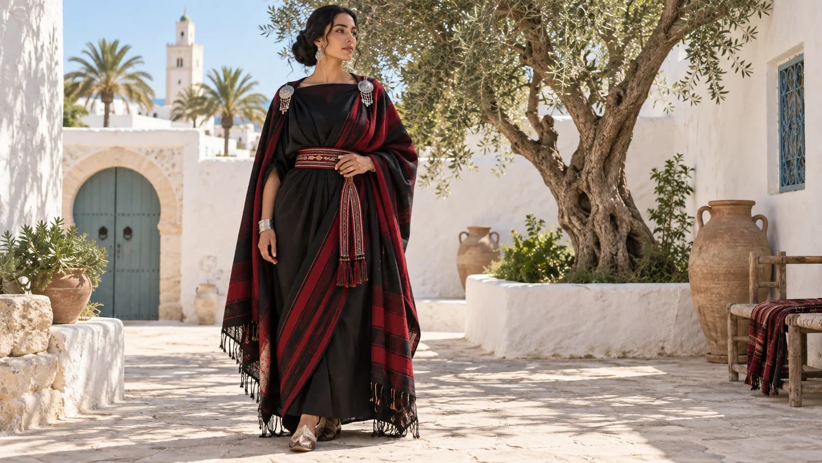 Femme en khallala tunisienne noire et rouge et fibules argentées