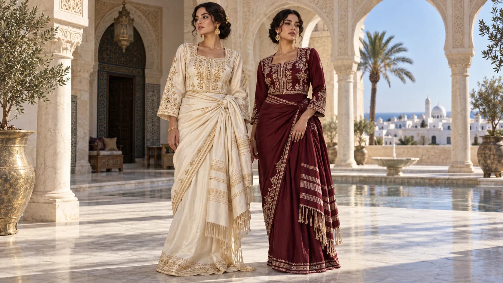 Femmes en ensembles tunisiens fouta et blouza dans un palais